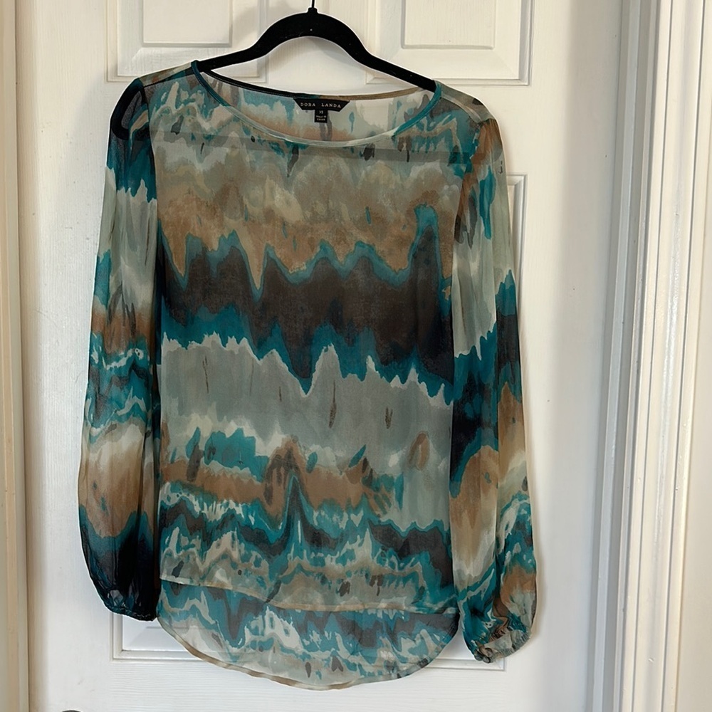 Dora landa silk Blue and Brown Relaxed Graphic Blouse xs